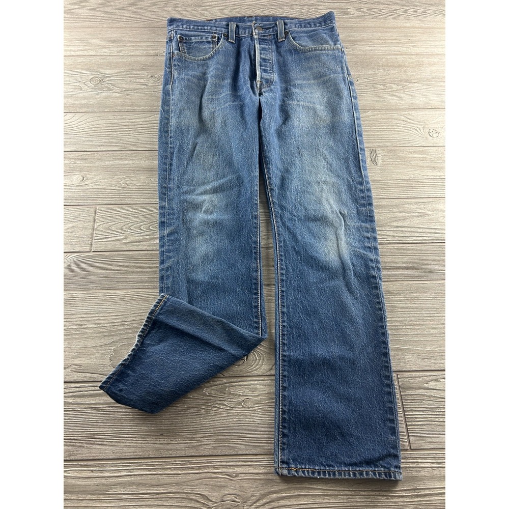 Levi's 501 Blue Denim Jeans Straight Fit Button Fly 5-Pocket Stretch Men 33X32